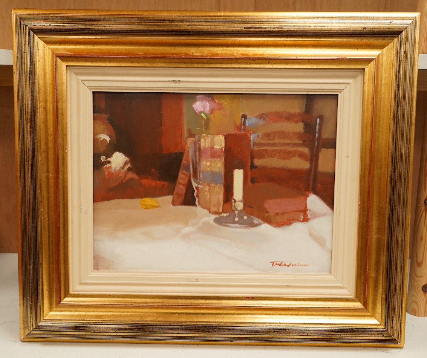 Tom W. Quinn (1918-2005), Impressionist oil on board, Interior scene with still life of books, signed, 29 x 39cm, gilt framed. Condition - good